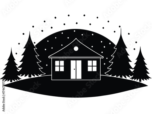 Vector art of winter landscape with house and fir trees