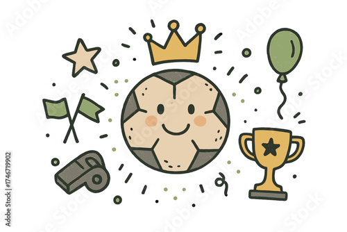 Football Doodle Festivity. Football match illustration doodle style: hand drawn ball with smile, crown, star, balloon, trophy,