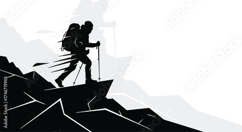 Silhouette of a determined hiker reaching the summit on a rugged mountain trail.