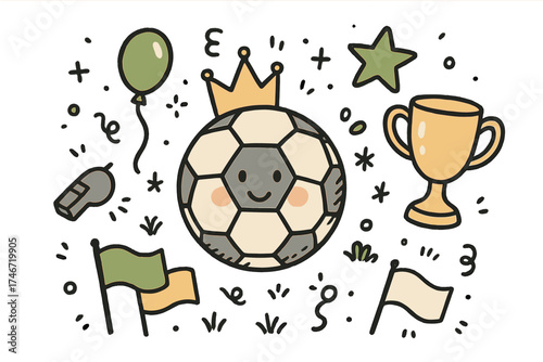Football Doodle Festivity. Football match illustration doodle style: hand drawn ball with smile, crown, star, balloon, trophy,