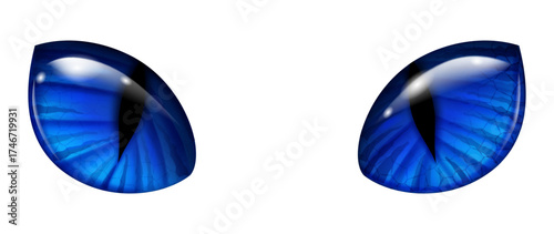 A pair of mesmerizing blue feline eyes with vertical pupils and intricate patterns in the irises, on a white background. The glossy surface reflects light, creating a lifelike depth and icy glow.