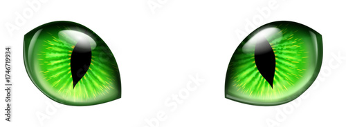 A pair of vibrant, glowing green feline eyes with sharp vertical pupils. The irises feature detailed textures and a glossy sheen that reflects light, creating a lifelike yet fantastical appearance.
