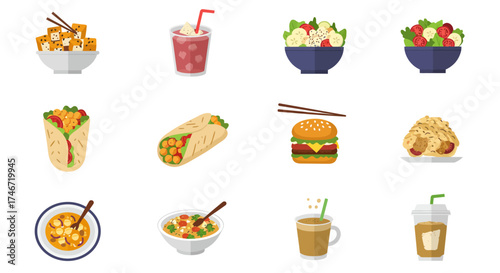 Twelve icons of vegetarian or vegan fast food items arranged in a threebyfour grid
