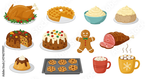 Twelve illustrated holiday foods including roasted turkey pies cakes ham and hot drinks
