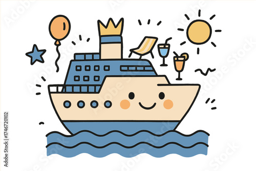 Cheerful Cruise Doodle. Ship cruise illustration doodle style: hand drawn ship with smile, crown, star, balloon, waves, cocktails,