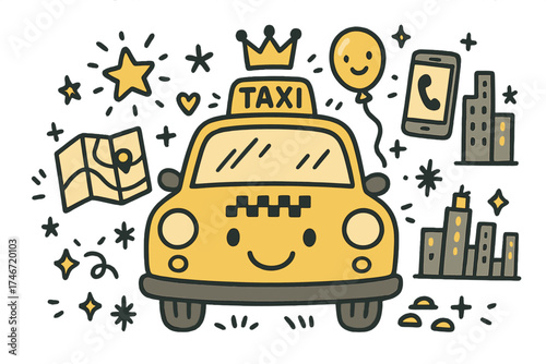 Doodle Taxi Adventure. Taxi ride illustration doodle style: hand drawn taxi with smile, crown, star, balloon, map, phone, and city