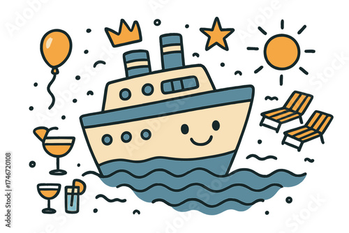 Cheerful Cruise Doodle. Ship cruise illustration doodle style: hand drawn ship with smile, crown, star, balloon, waves, cocktails,