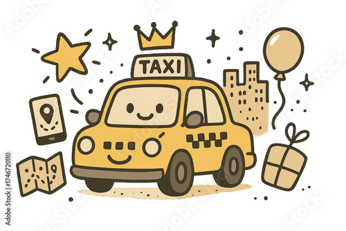 Doodle Taxi Adventure. Taxi ride illustration doodle style: hand drawn taxi with smile, crown, star, balloon, map, phone, and city