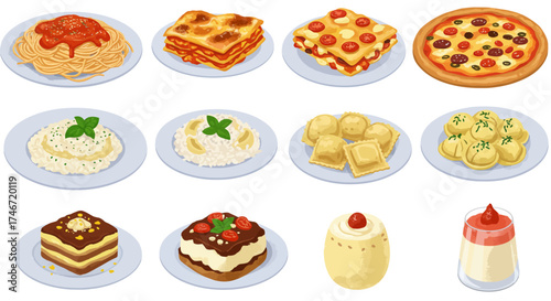 Twelve illustrations of Italian dishes and desserts on plates and in glasses