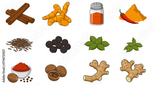 Twelve illustrations of common cooking spices arranged in a threebyfour grid