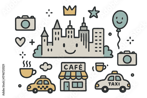 City Doodle Adventure. City travel illustration doodle style: hand drawn skyline with smile, crown, star, balloon, cafes, cameras,
