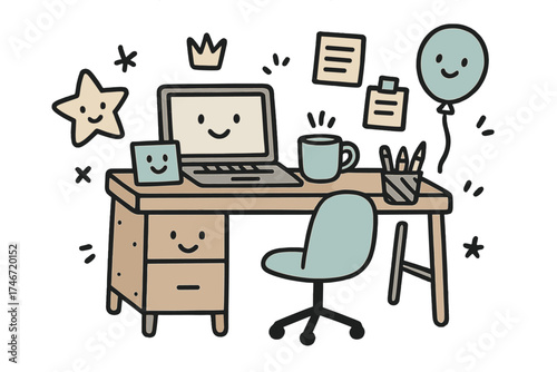 Cute Home Office Doodle. Home office illustration doodle style: hand drawn desk with smile, crown, star, balloon, laptop, chair,