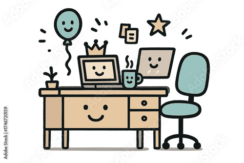 Cute Home Office Doodle. Home office illustration doodle style: hand drawn desk with smile, crown, star, balloon, laptop, chair,