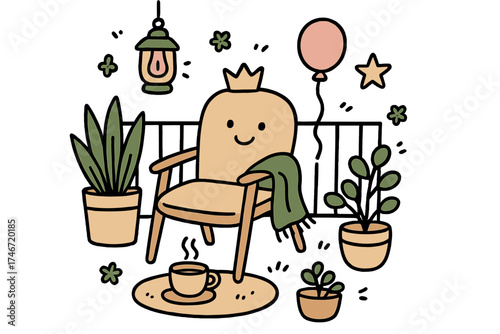 Whimsical Balcony Retreat. Cozy balcony illustration doodle style: hand drawn chair with smile, crown, star, balloon, plants, lamp