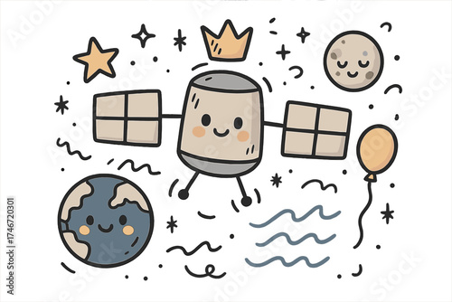 Playful Satellite Illustration. Satellite orbit illustration doodle style: hand drawn satellite with smile, crown, star, balloon,