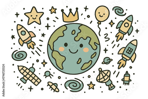 Smiling Earth Festival Art. Universe festival illustration doodle style: hand drawn Earth with smile, crown, star, balloon,