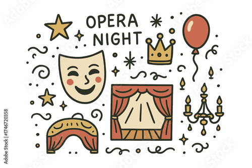 Opera Doodle Extravaganza. Opera night illustration doodle style: hand drawn mask with smile, crown, star, balloon, stage,