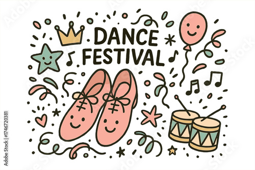 Festive Dance Doodle. Dance festival illustration doodle style: hand drawn shoes with smile, crown, star, balloon, drums, notes,