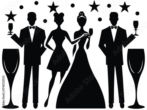 Vector art of silhouette of people celebrating with champagne