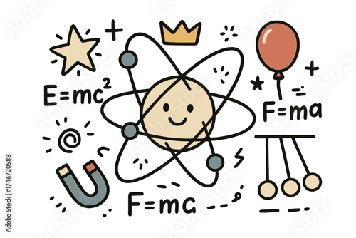 Playful Physics Doodle. Physics fair illustration doodle style: hand drawn atom with smile, crown, star, balloon, magnets,