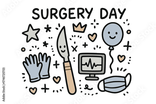 Whimsical Surgery Tools. Surgery day illustration doodle style: hand drawn scalpel with smile, crown, star, balloon, gloves,