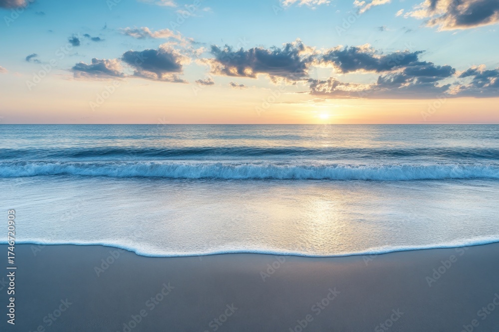 Obraz premium Breathtaking sunset over the calm ocean waves at a serene beach location