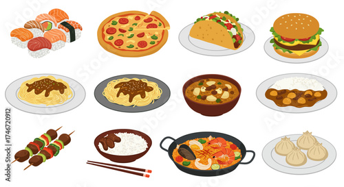 Twelve isometric illustrations of popular international dishes arranged in three rows