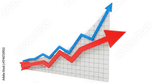 Red and blue arrows showing upward trend on grid graph isolated on a transparent background chart