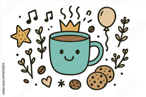 Happy Coffee Doodle. Coffee vibes illustration doodle style: hand drawn happy coffee mug with smile, crown, star, balloon, music
