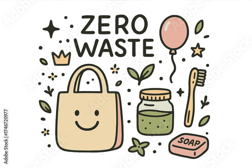 Zero Waste Doodle. Zero waste illustration doodle style: hand drawn tote bag with smile, crown, star, balloon, jar, bamboo