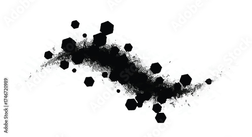 Abstract scattering of black ink particles and hexagons on a white background, creating a dynamic, energetic burst.