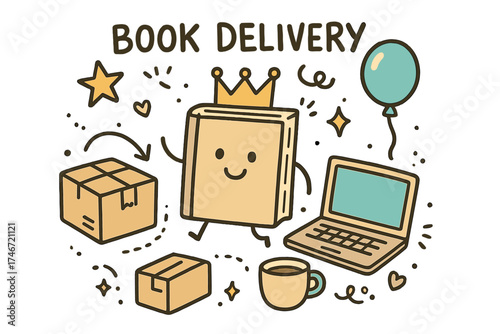 Whimsical Book Delivery. Book delivery illustration doodle style: hand drawn book with smile, crown, star, balloon, parcel, laptop