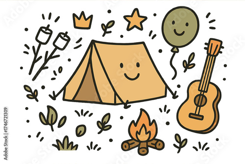 Doodle Camping Adventure. Camping fun illustration doodle style: hand drawn tent with smile, crown, star, balloon, campfire,