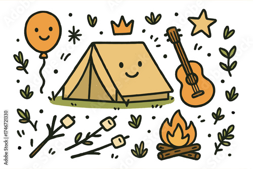 Doodle Camping Adventure. Camping fun illustration doodle style: hand drawn tent with smile, crown, star, balloon, campfire,