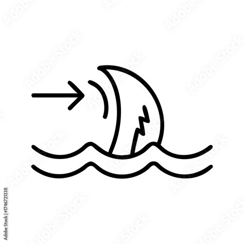 Shark fin emerging from ocean water in minimalist line art  