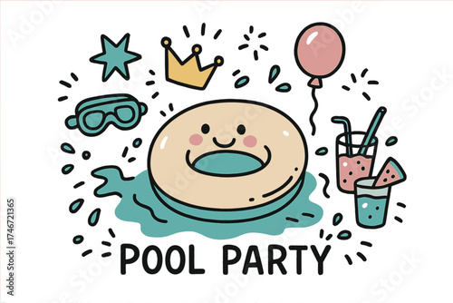 Cute Pool Party Doodle. Pool party illustration doodle style: hand drawn float with smile, crown, star, balloon, goggles, drinks,