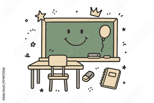 Chalkboard Doodle Scene. Classroom day illustration doodle style: hand drawn chalkboard with smile, crown, star, balloon, desk,