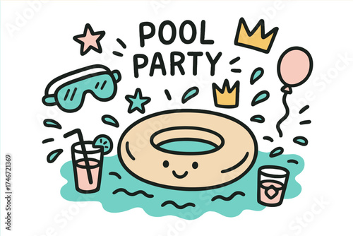 Cute Pool Party Doodle. Pool party illustration doodle style: hand drawn float with smile, crown, star, balloon, goggles, drinks,