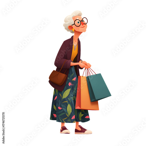 Elderly Woman Shopping Illustration Isolated - Professional Quality Image for Marketing Materials