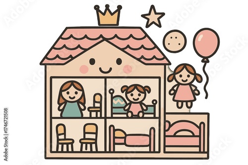 Whimsical Dollhouse Doodle. Dollhouse illustration doodle style: hand drawn dollhouse with smile, crown, star, balloon, dolls,