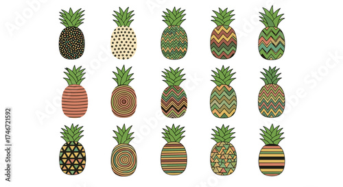A colorful collection of artistic pineapple illustrations with unique geometric patterns and designs.