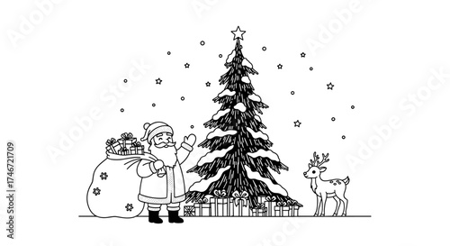 A cheerful illustration of santa claus with gifts next to a decorated christmas tree and a reindeer.
