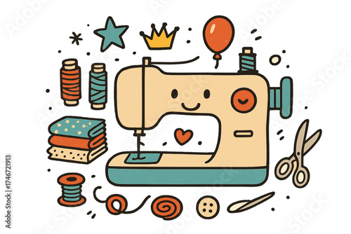 Cute Sewing Machine Doodle. Sewing hobby illustration doodle style: hand drawn sewing machine with smile, crown, star, balloon,