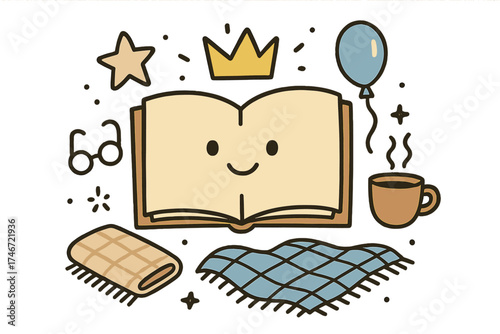 Reading Joy Doodle. Reading hobby illustration doodle style: hand drawn book with smile, crown, star, balloon, glasses, tea, and