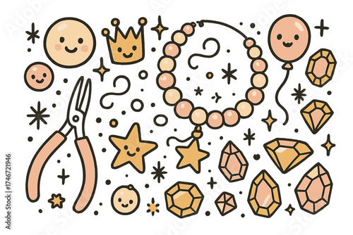 Doodle Jewelry Craft. Jewelry making hobby illustration doodle style: hand drawn beads with smile, crown, star, balloon, pliers,