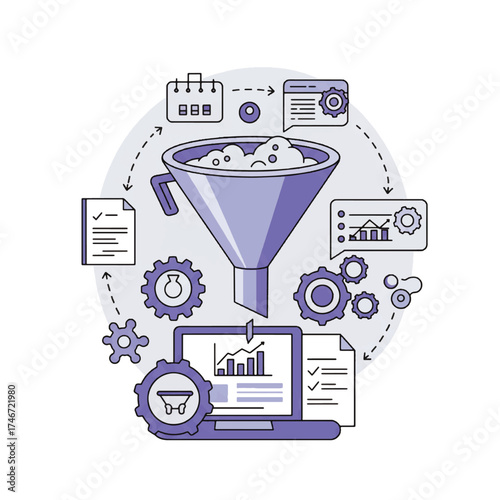 Conceptual illustration of a sales funnel with data analysis and processing elements.