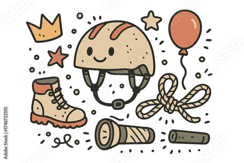 Adventure Gear Doodle. Adventure gear illustration doodle style: hand drawn helmet with smile, crown, star, balloon, rope, shoes,