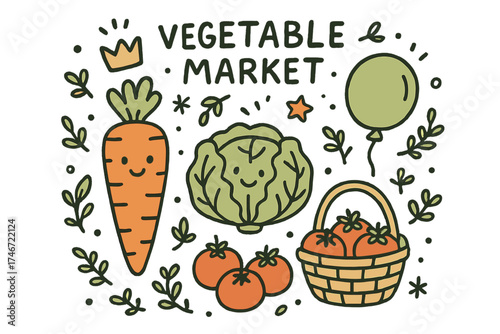 Playful Vegetable Market. Vegetable market illustration doodle style: hand drawn carrot with smile, crown, star, balloon, cabbage,