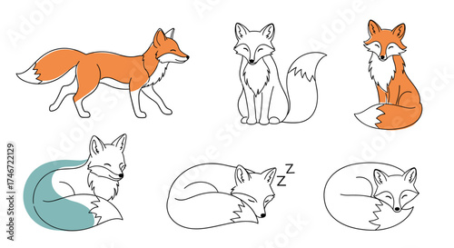A collection of cute sketched foxes in various poses depicting different activities and emotions.