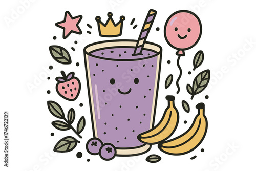 Playful Smoothie Doodle. Smoothie fun illustration doodle style: hand drawn smoothie glass with smile, crown, star, balloon,
